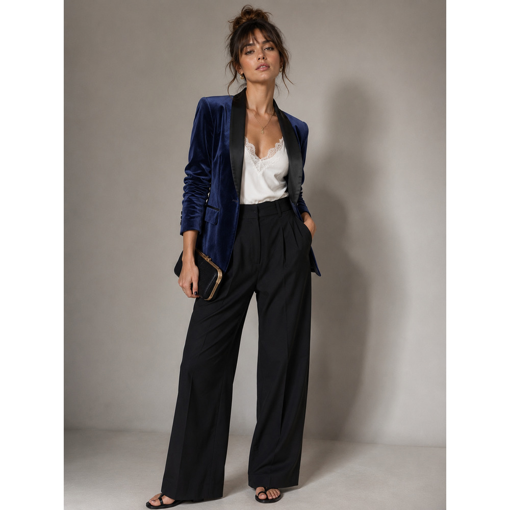 Alice+Olivia 2 Velvet Tuxedo Blazer $550 Navy Blue Black Satin Collar Jacket NWT - Picture 7 of 10
